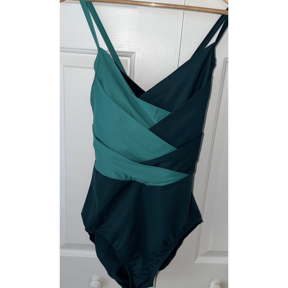 Lands End Womens Slender Suit Wrap One Piece Swimsuit Blue Green size 14L